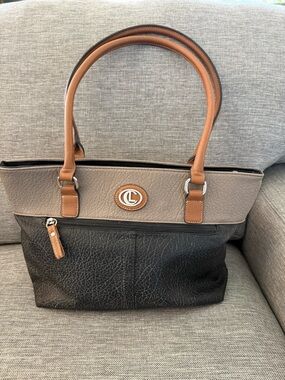 Two-Tone Black and Taupe Tote with Tan Handles